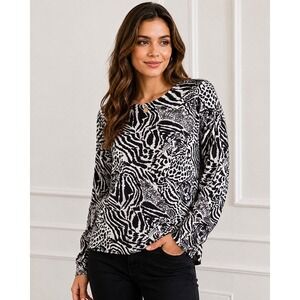 Elizabeth New York Women Animal Print Tiger Zebra Long Sleeve Sweater Top